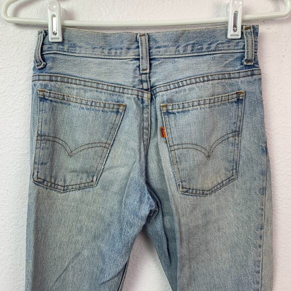 Vintage 70s Levis Flare Bell Bottom Blue Fringe Jeans Orange Tab Size 26 x 34 - Picture 9 of 12